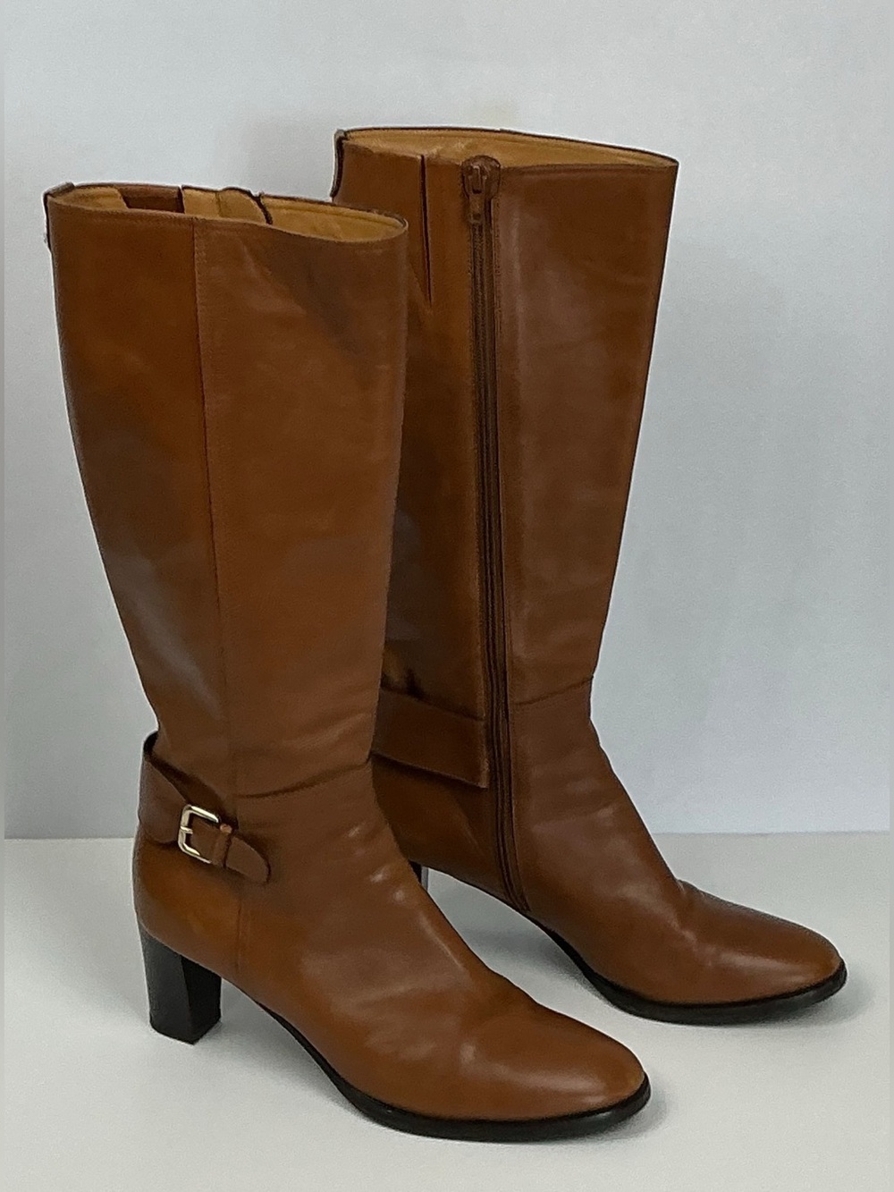 Ann Mashburn Cognac Leather Knee High Buckle Boots 39.5